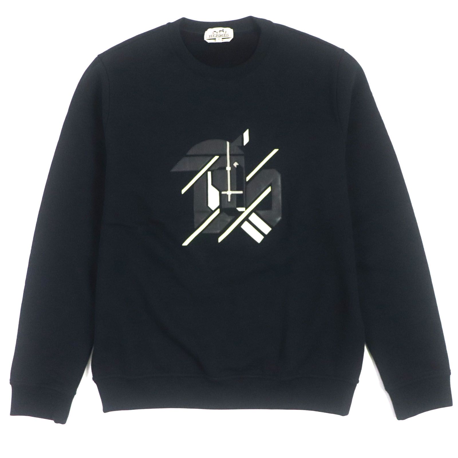 【ドンドン見直し】極美品▼HERMES エルメス 23SS Chevaux Symetrie コットン レザーパッチ付き スウェットシャツ プルオーバー ネイビー M イタリア製 正規品 メンズ