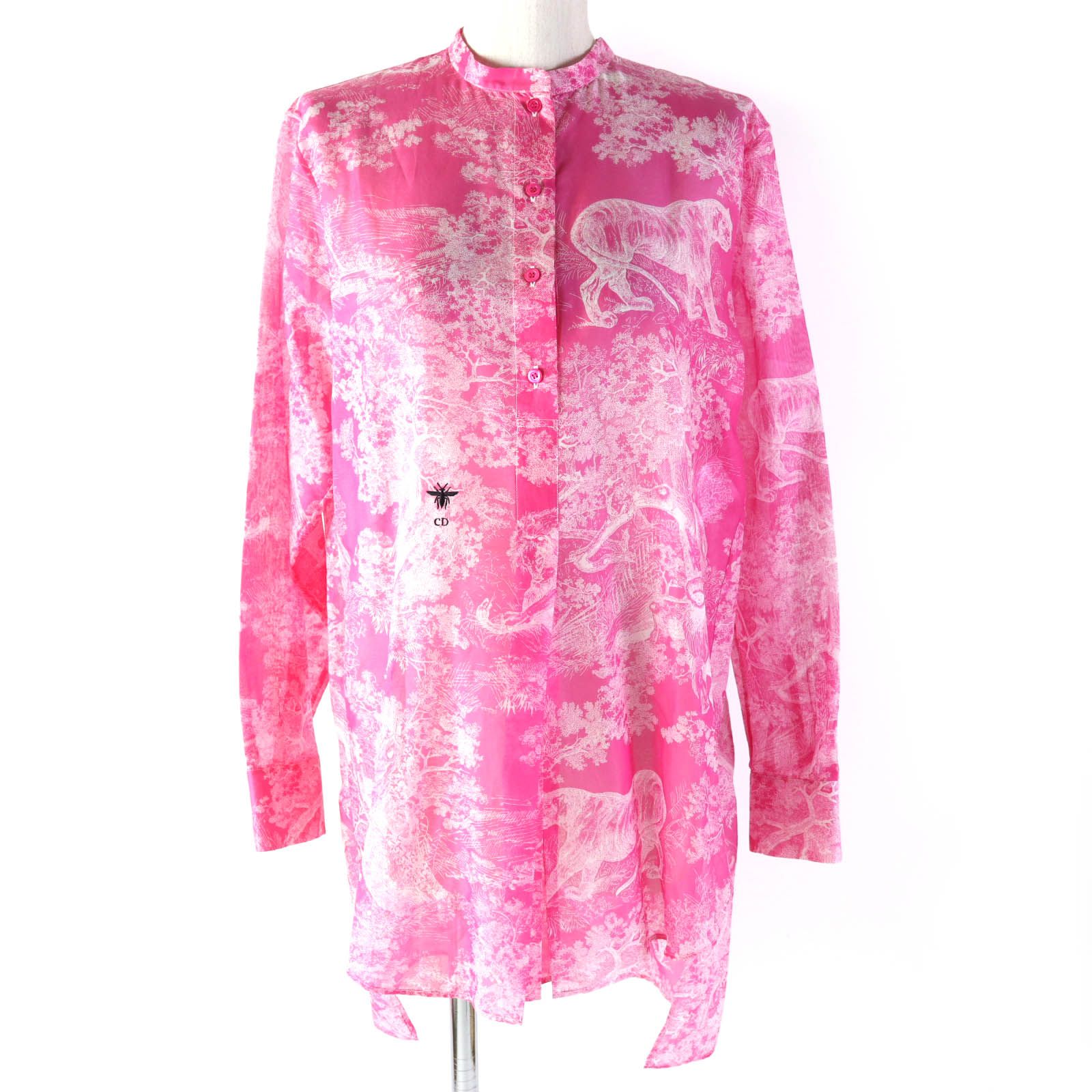 【ドンドン見直し】極美品△Christian Dior クリスチャンディオール 221B54A3846 コットン100％ DIORIVIERA トワル ドゥ ジュイ ノーカラー 長袖シャツ ブラウス ピンク 40 イタリア製 正規品 レディース