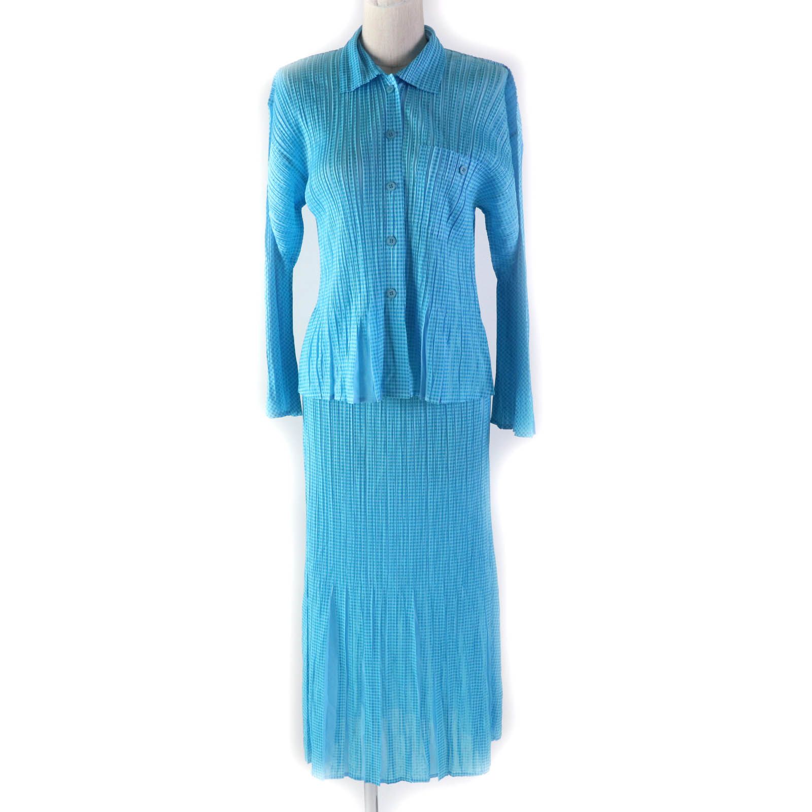 【ドンドン見直し】美品★PLEATS PLEASE プリーツプリーズ イッセイミヤケ PP22-JJ853/PP22-JG855 チェック柄 長袖シャツ＋ロングスカート 2点set セットアップ ライトブルー 3 日本製 正規品 レディース