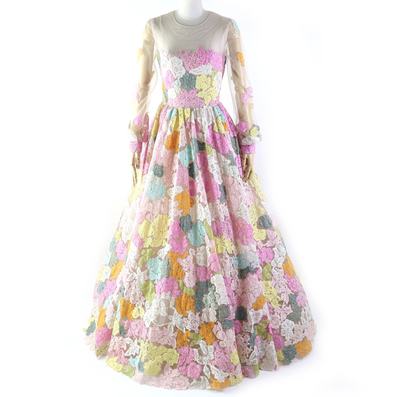 【ドンドン見直し】美品△VALENTINO ヴァレンティノ フラワーレースデザイン 長袖 ボリューム チュール ドレス ワンピース マルチカラー 38 イタリア製 正規品 レディース