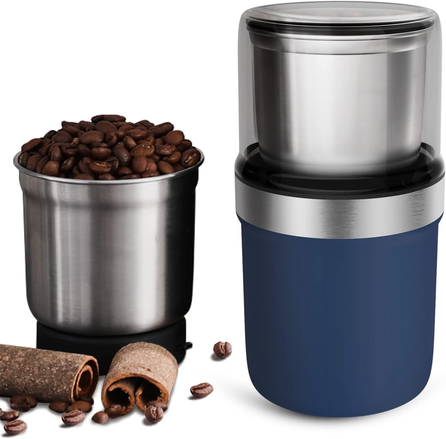 BESROY コーヒーミル 電動 カッター コーヒーミル 電動コーヒーミル 粉末 コーヒー豆 ひき機 水洗い可能 豆挽き/緑茶/山椒/唐辛子/胡椒/山椒/調味料/穀物を挽く 一台多役 掃除ブラシ付 お手入れ簡単（ブルー）送料無料 cd3d3f06