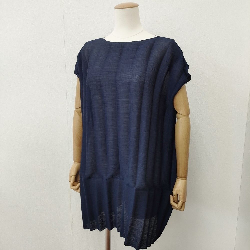 me ISSEY MIYAKE シースルークレープ プリーツ MI31FT553 Ｔシャツ カットソー ネイビー レディース ミー イッセイミヤケ【中古】6-0526S♪