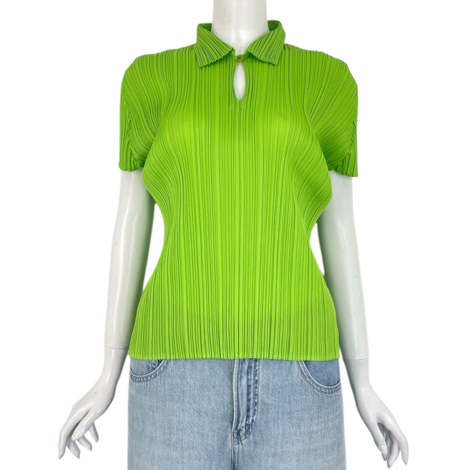極美品 ISSEY MIYAKE イッセイミヤケ PLEATS PLEASE プリーツプリーズ カットソー シャツ キーホールネック グリーン サイズ4