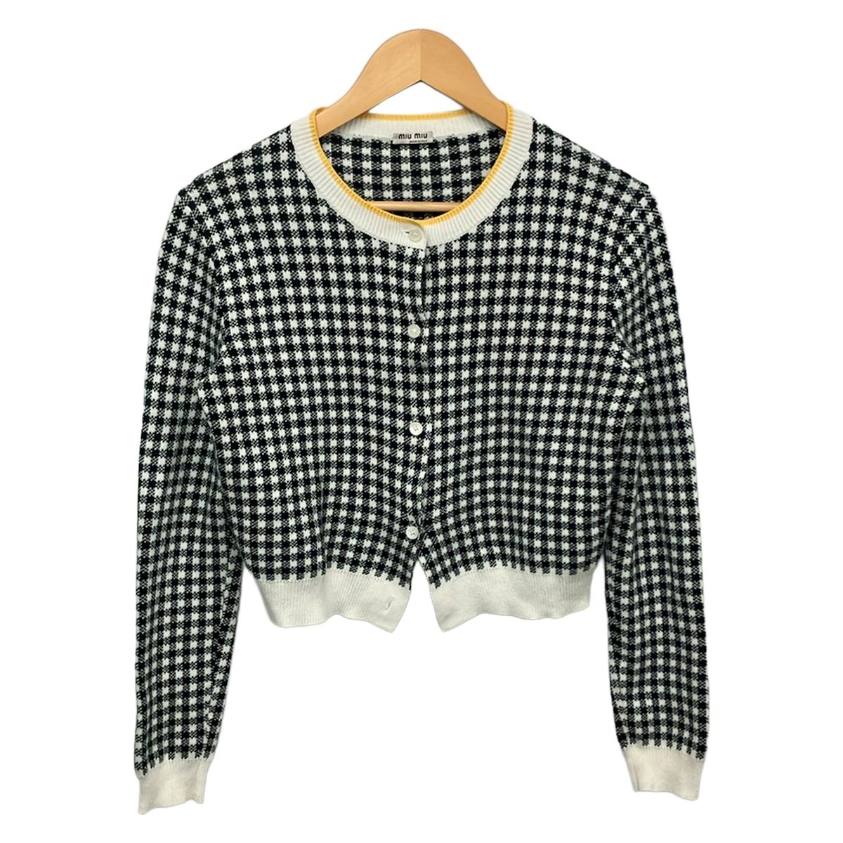miumiu(ミュウミュウ) カーディガン サイズ38 S レディース - ダークグリーン×白×イエロー 長袖/チェック柄