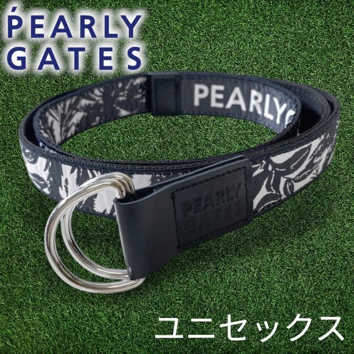 PEARLY GATES パーリーゲイツ ゴルフ 日本製 ボタニカル柄 総柄 テープベルト リングベルト ユニセックス 053-3282600 定価1.7万 ダークネイビー ホワイト FR ▲031▼60605w06