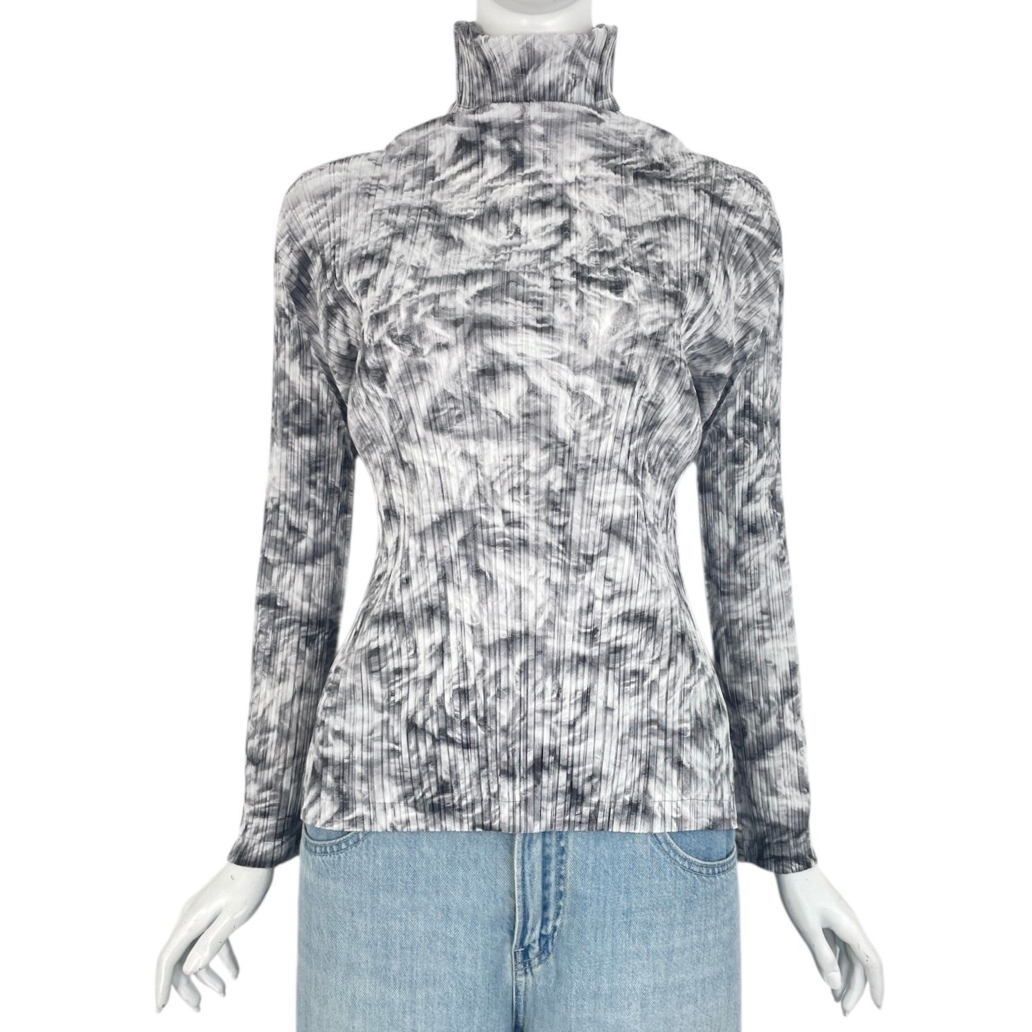 極美品 ISSEY MIYAKE イッセイミヤケ PLEATS PLEASE プリーツプリーズ カットソー ハイネック 総柄 サイズ3 ホワイト × ブラック