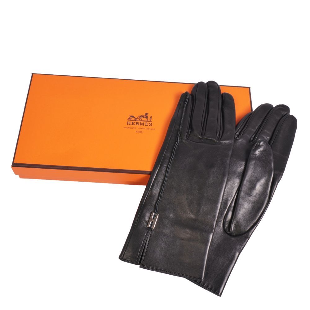 美品 エルメス H金具 レザー手袋 黒 レディース7.5 仏製 1046 極美品 エルメス HERMES 手袋 グローブ Hロゴ金具 レザー レディース