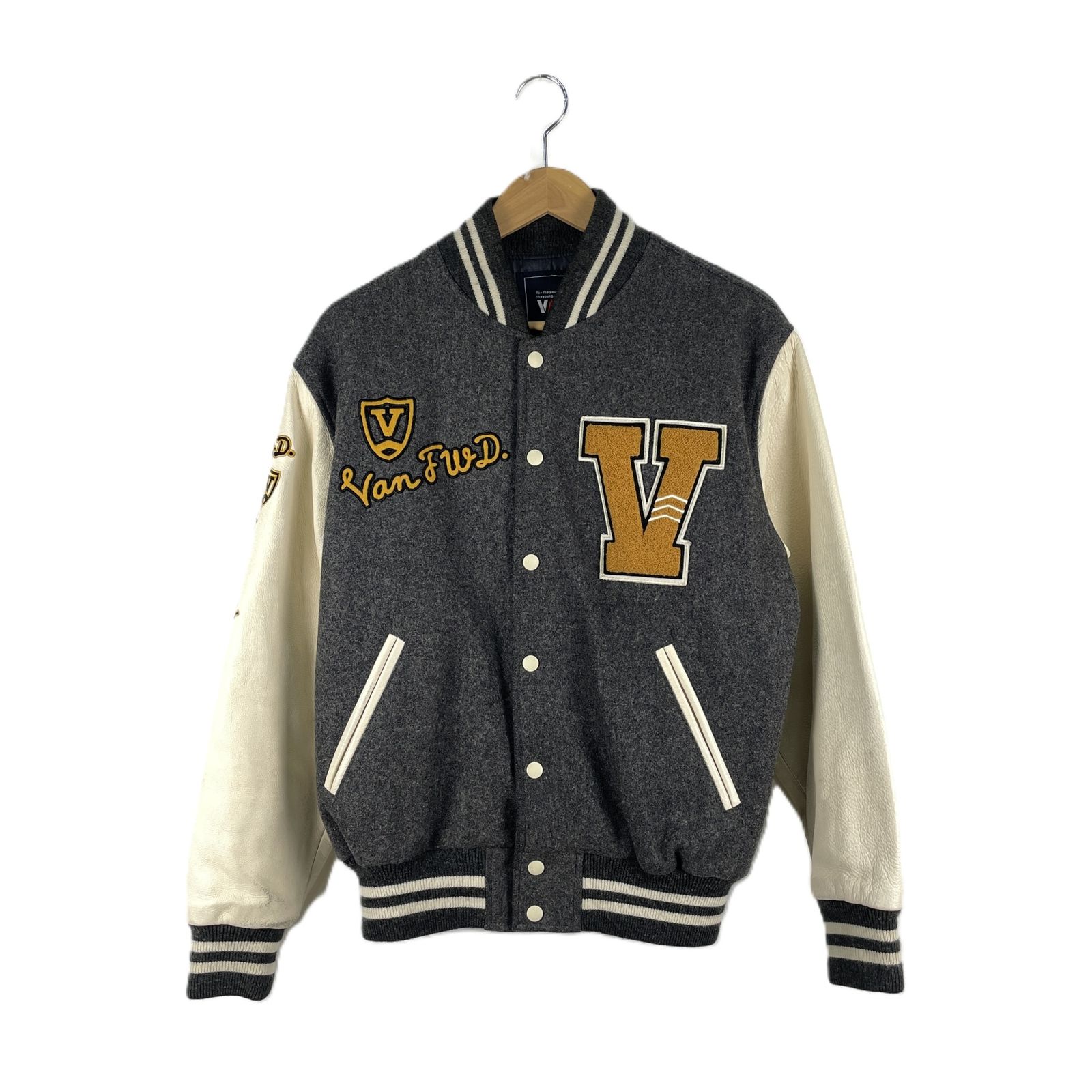 VAN　JACKET　ヴァンヂャケット　044M08-00023　袖レザー切り替え　スタジアムジャンパー　スタジャン　中綿ジャケット　パイルロゴ　ロゴ刺繍　Mサイズ　グレー