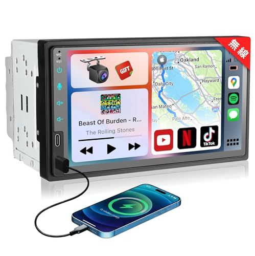 2DIN&7インチ2USB ディスプレイオーディオ 無線CarPlay+AndroidAuto対応:スマホ連携でナビゲーションする バックカメラ連動、映像出入力、ステアリングコントロール ラジオ/アンプ/WiFi/Bluetooth音樂・通話 92619064