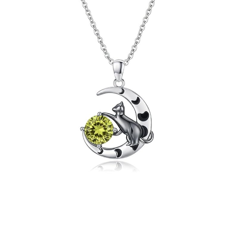 [lwoowl] 猫 ネックレス レディース 誕生石 金属アレルギー対応 三日月 ペンダント ネコ 8月 黄緑 ロジウムコーティング 猫グッズ イエローグリーン ジュエリー アクセサリー 可愛い 首飾り 華奢 上品 誕生日 プレゼント クリスマス ホワイトデー