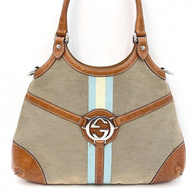GUCCI（グッチ）GGレインズ ホーボーバッグ ショルダーバッグ キャンバス レザー ベージュ ブラウン シルバー金具 114875 002404 【中古】