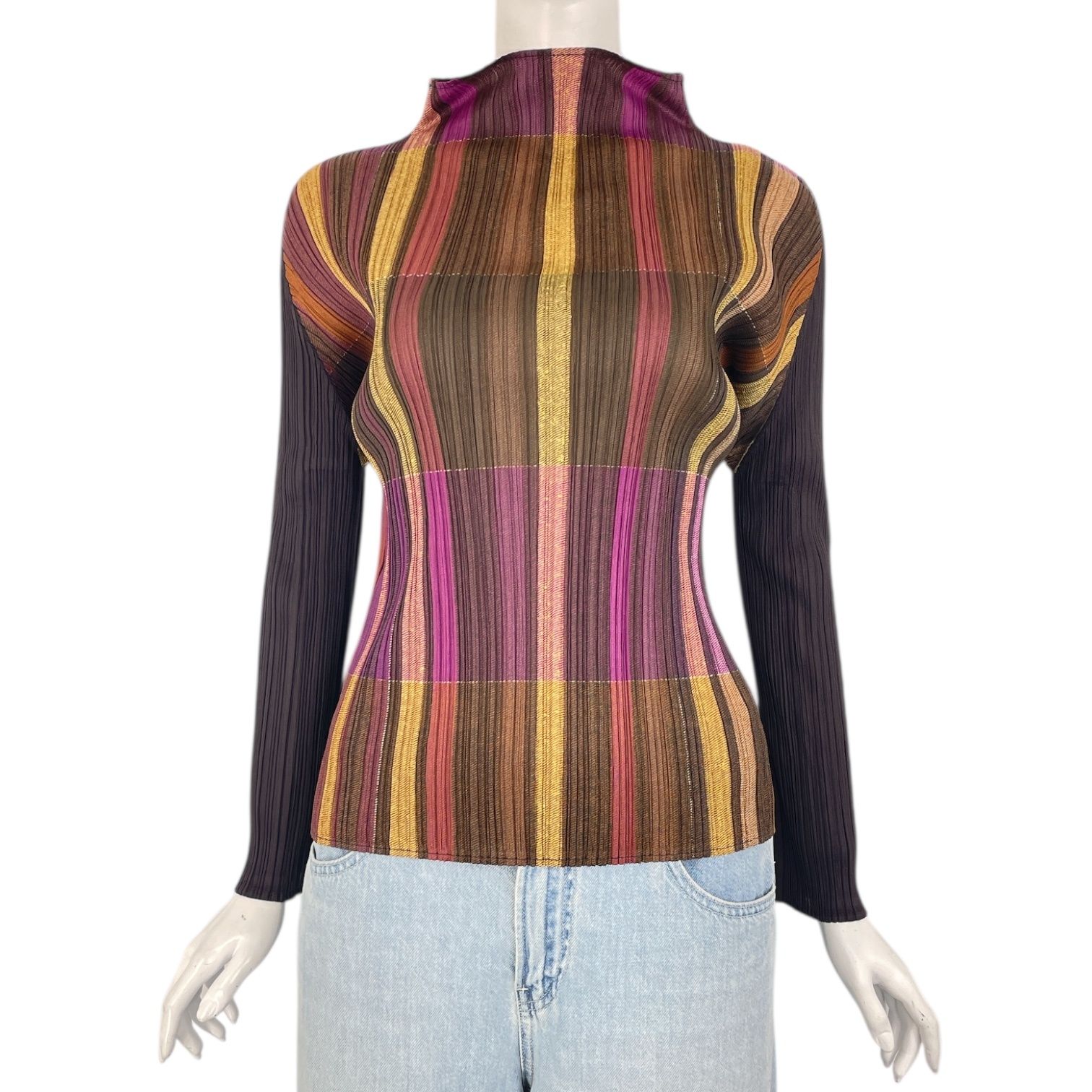 極美品 ISSEY MIYAKE イッセイミヤケ PLEATS PLEASE プリーツプリーズ カットソー ハイネック ストライプ マルチカラー サイズ3