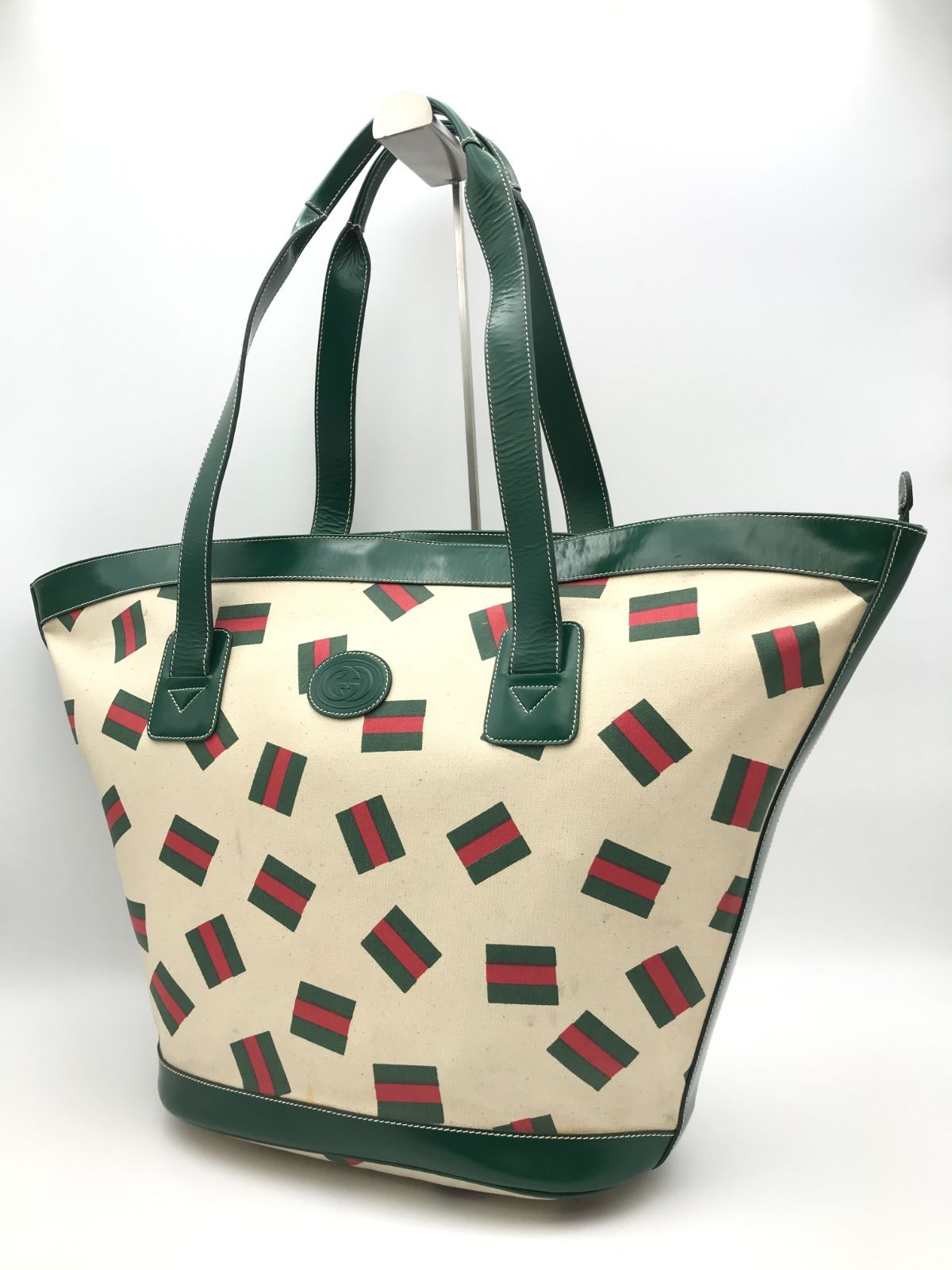 【希少】GUCCI　グッチ　ショルダーバッグ　トートバッグ　インターロッキングG　シェリーライン　キャンバス　A4収納可　肩掛け　グリーン×ベージュ系　2261