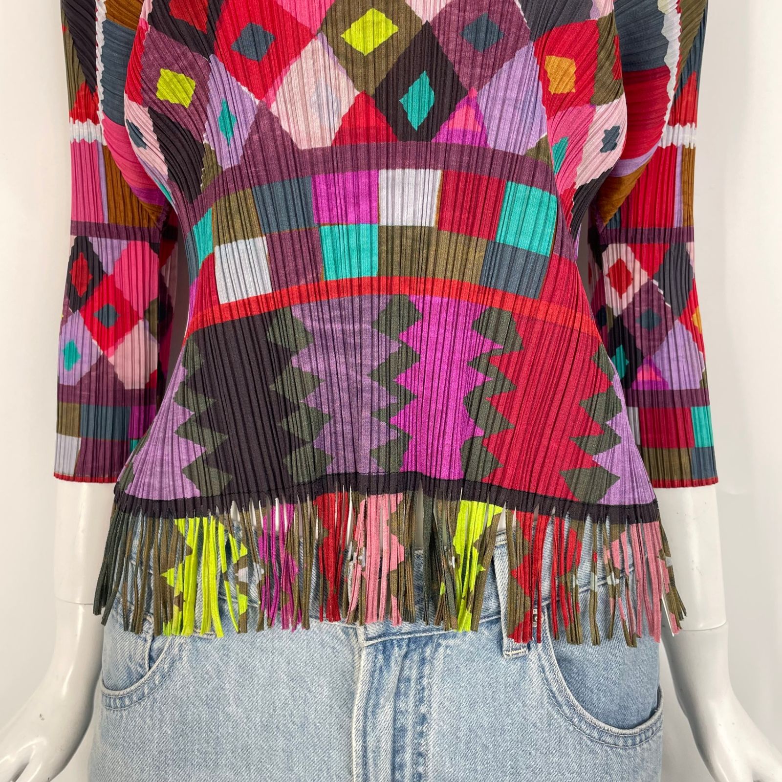 極美品 ISSEY MIYAKE イッセイミヤケ PLEATS PLEASE プリーツプリーズ カットソー 幾何学 フリンジ マルチカラーサイズ4