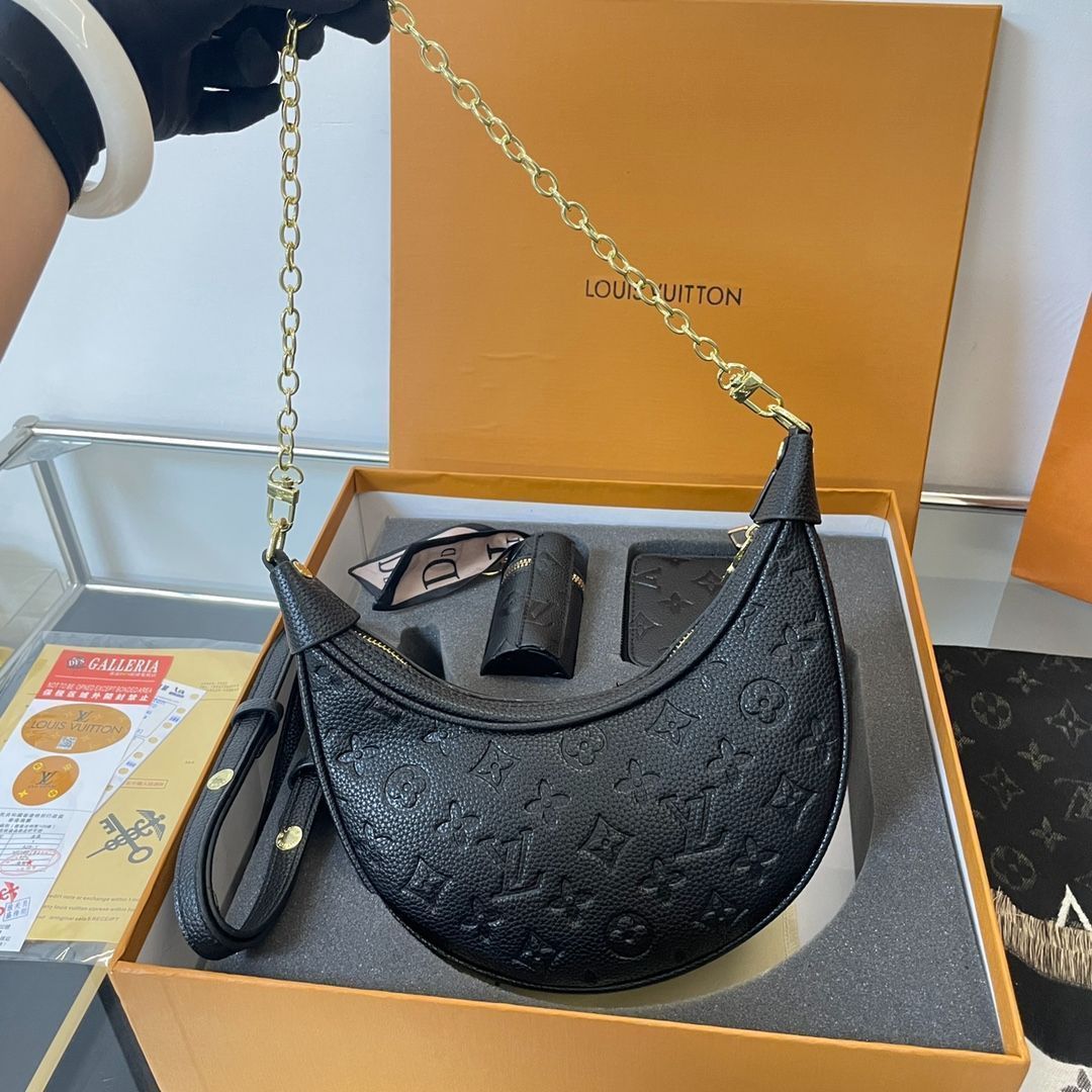 [本日特価] TOP New 高品質3点セット - Lv ブラックエンボスムーンバッグ + スカーフ + 財布/化粧ポーチ 本日限定特別割引！ [本日特価|新品未使用品]-MM輸入