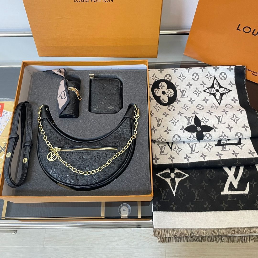 [本日特価] TOP New 高品質3点セット - Lv ブラックエンボスムーンバッグ + スカーフ + 財布/化粧ポーチ 本日限定特別割引！ [本日特価|新品未使用品]-MM輸入