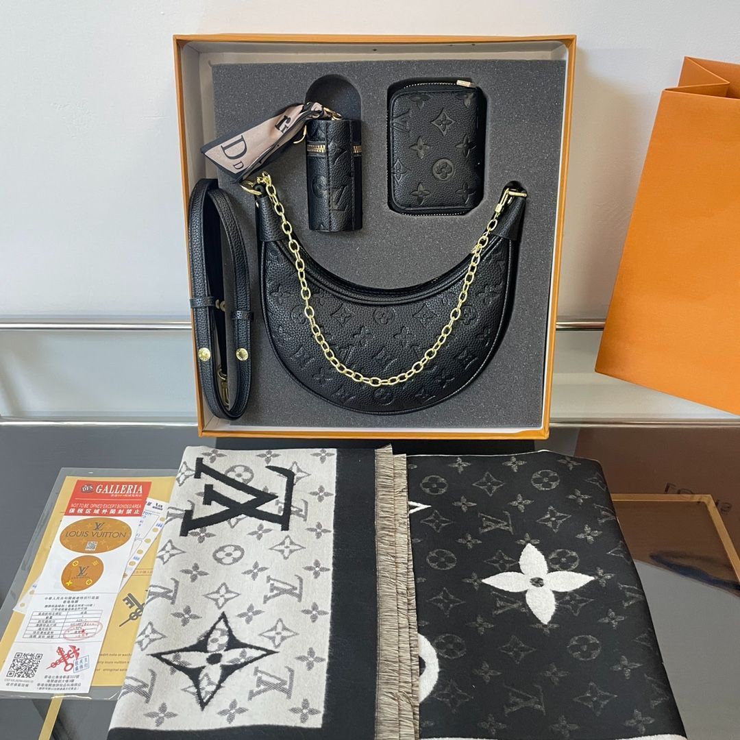 [本日特価] TOP New 高品質3点セット - Lv ブラックエンボスムーンバッグ + スカーフ + 財布/化粧ポーチ 本日限定特別割引！ [本日特価|新品未使用品]-MM輸入