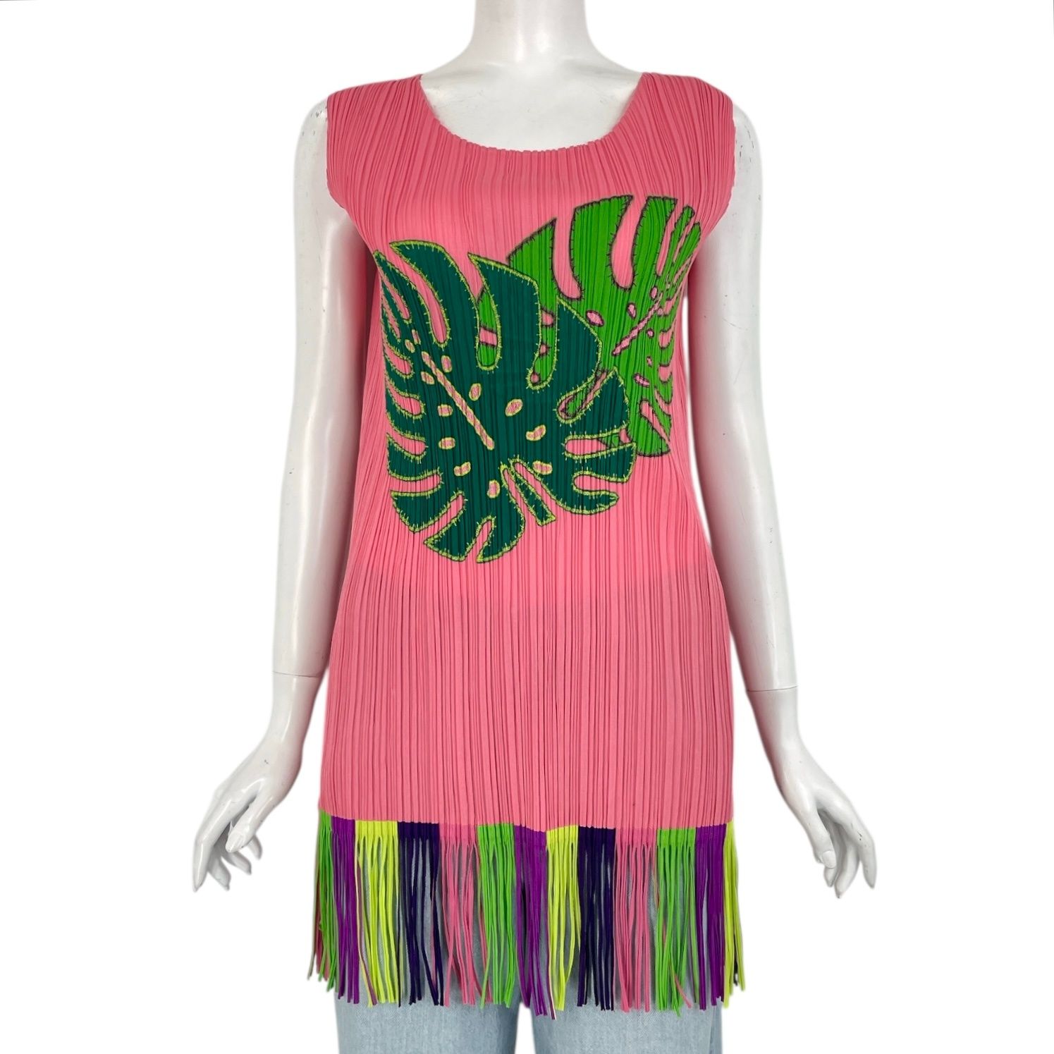レア 希少 新品同様 ISSEY MIYAKE イッセイミヤケ PLEATS PLEASE プリーツプリーズ カットソー リーフ パッチ フリンジ マルチカラーサイズ3