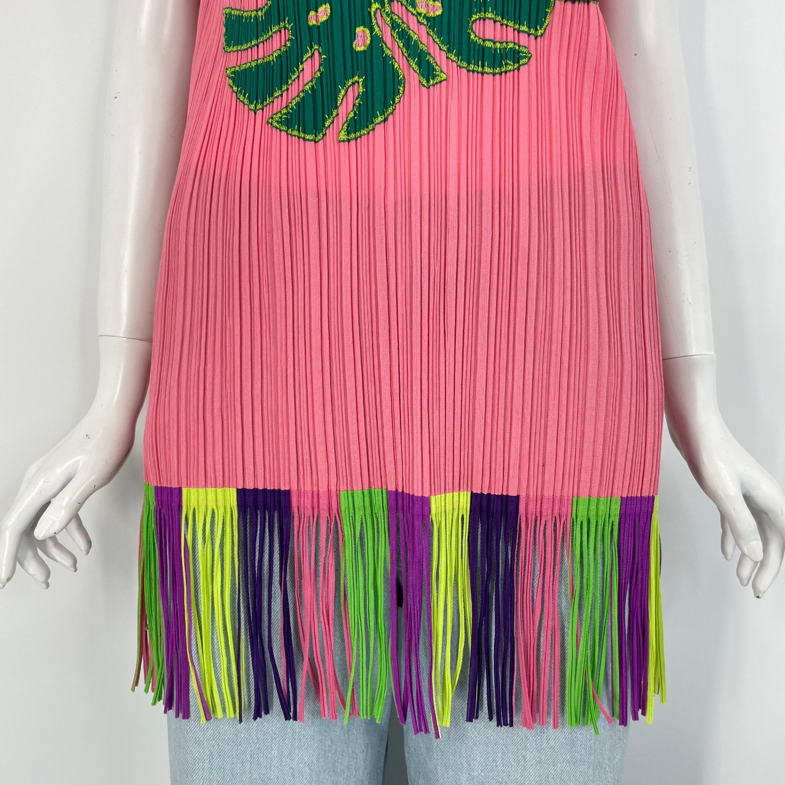 レア 希少 新品同様 ISSEY MIYAKE イッセイミヤケ PLEATS PLEASE プリーツプリーズ カットソー リーフ パッチ フリンジ マルチカラーサイズ3