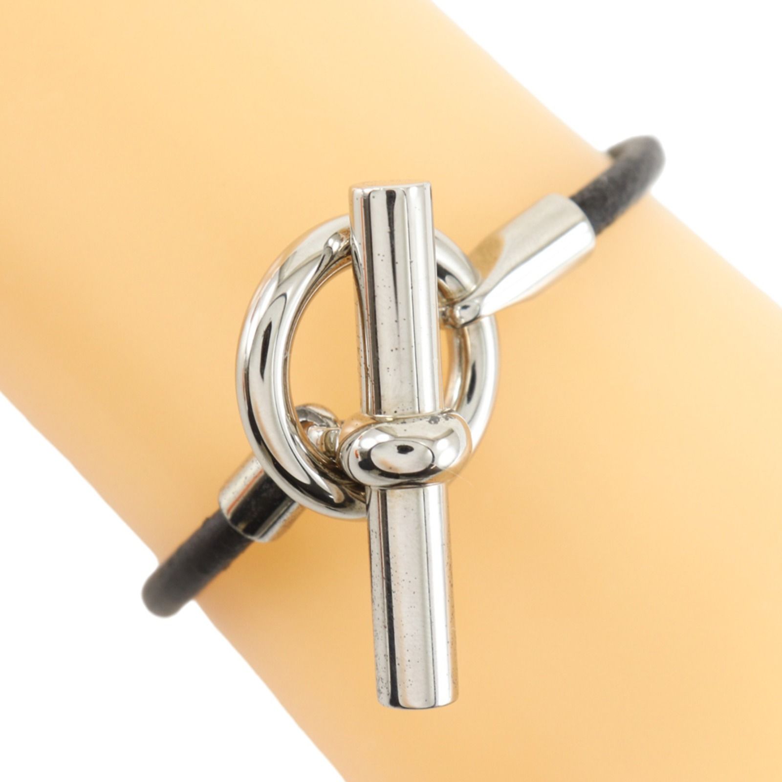 【HERMES】エルメス グレナン レザー×金属製 黒/シルバー金具 ユニセックス 22g ブレスレット
