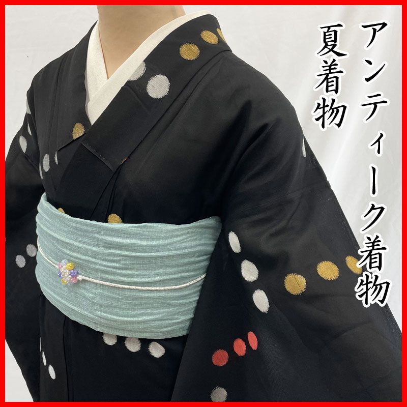 606aa23◇アンティーク着物 夏着物 水玉 金糸 レトロモダン ポップ 昭和レトロ 和洋MIX◇状態良好