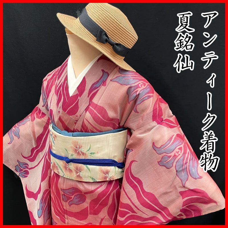 606aa24◇アンティーク着物 夏銘仙 夏着物 レトロモダン 大正ロマン