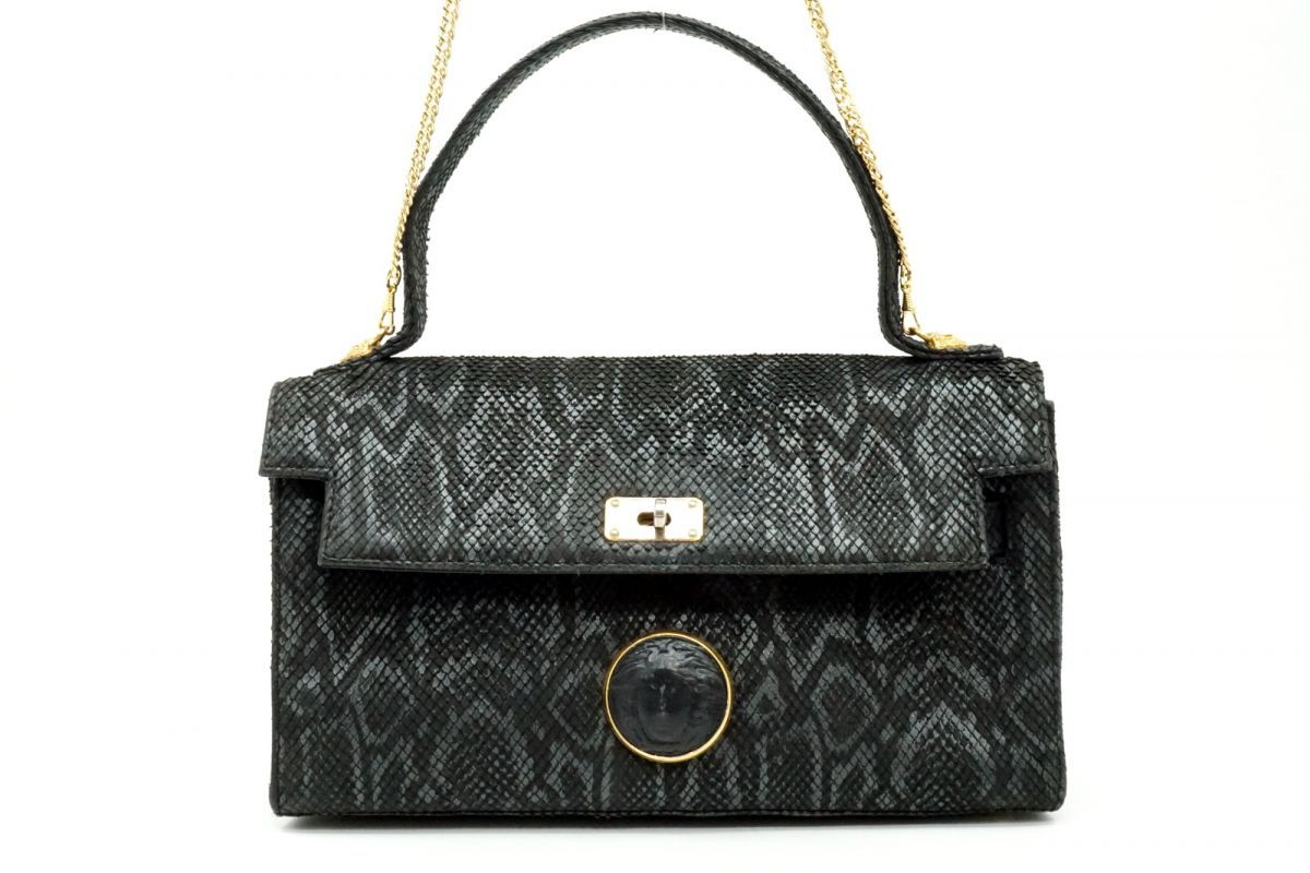 ジャンニ ヴェルサーチェ クチュール ヴィンテージ 2way ショルダー ハンドバッグ パイソン調 レザー 黒 ブラック GIANNI VERSACE 6753h
