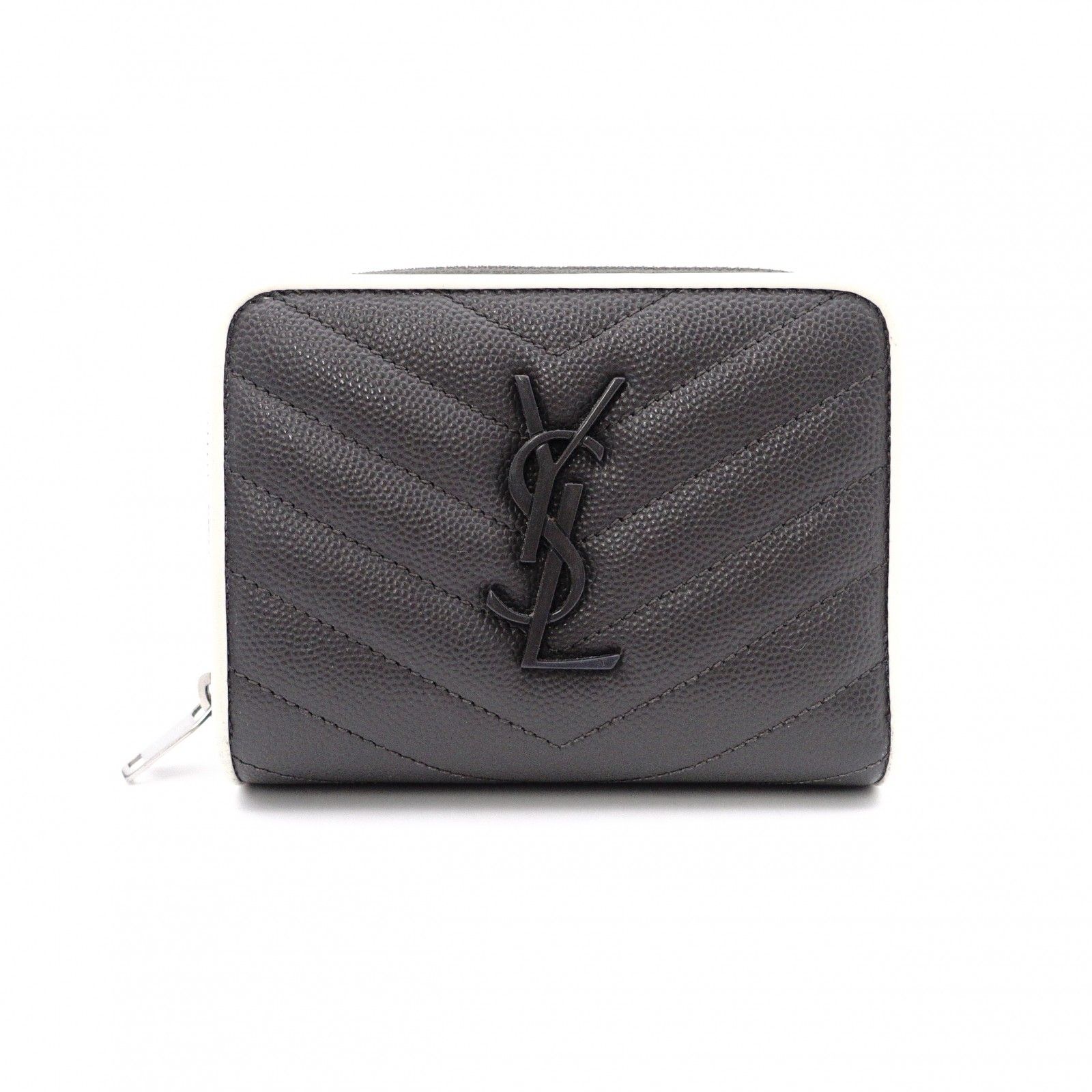SAINT LAURENT サンローラン カサンドラ 二つ折り財布 レザー グレー 財布 YSL ロゴ ホワイト