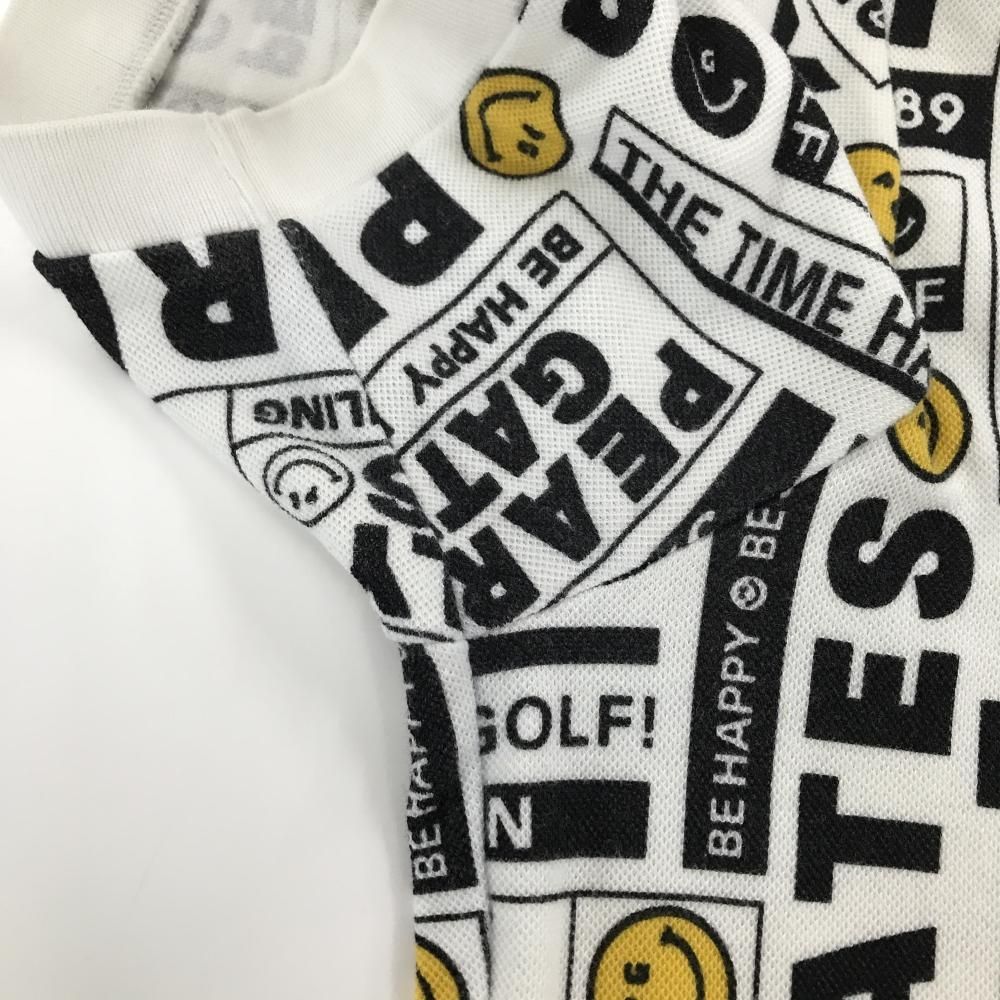 値下新品❤️パーリーゲイツ ニコ総柄ポロシャツ パーリーゲイツ 半袖ポロシャツ 白×黒×イエロー ロゴ総柄 ニコちゃん