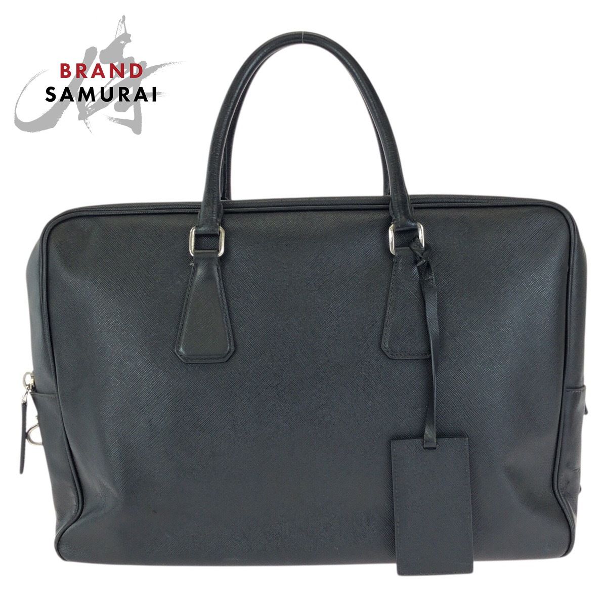 PRADA プラダ サフィアーノ 三角ロゴプレート ブラック 黒 シルバー金具 レザー ビジネスバッグ ブリーフケース メンズ 602441【中古】