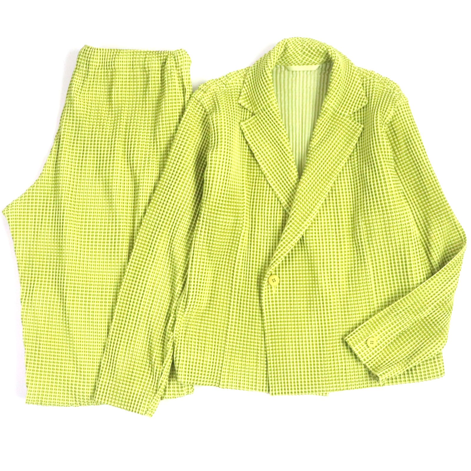 【ドンドン見直し】極美品▼HOMME PLISSE ISSEY MIYAKE オム プリッセ イッセイミヤケ HP03JD240 HP03JF241 チェック柄 プリーツ加工 ジャケット ワイドパンツ セットアップ イエロー グリーン 1 正規品 メンズ