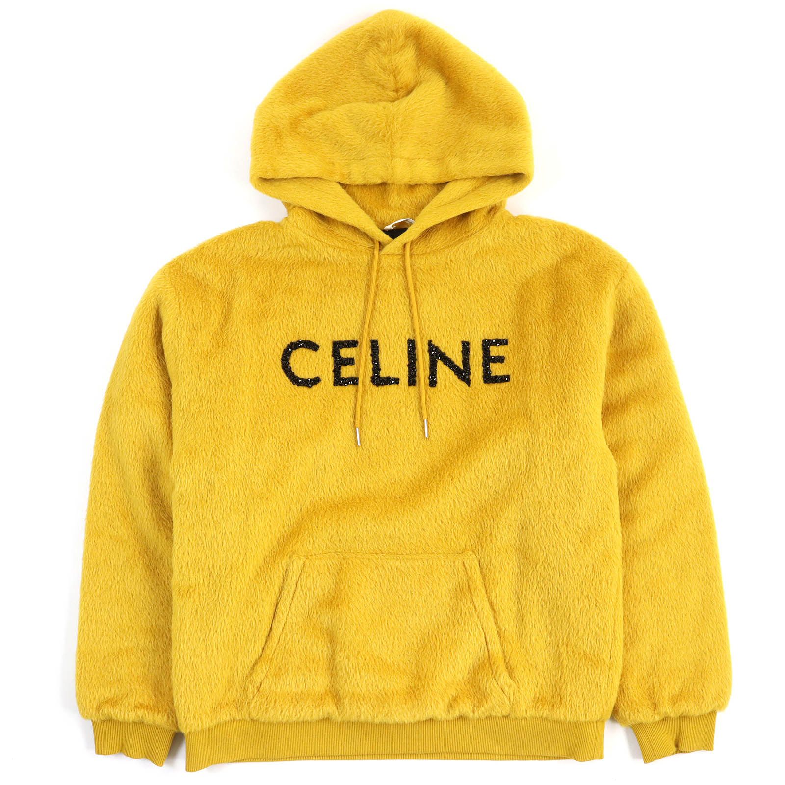 【ドンドン見直し】極美品△CELINE セリーヌ 22AW 2Y964925R ファジーウール ルーズフィット フーディー アルパカ混 スパンコールロゴ 中綿入り パーカー マスタード ブラック L イタリア製 正規品 メンズ