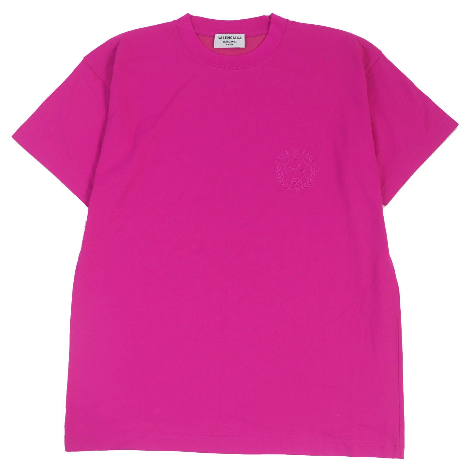 【ドンドン見直し】未使用品□BALENCIAGA バレンシアガ 22SS 612965 コットン ロゴエンブロイダリー クルーネック 半袖Ｔシャツ ショッキングピンク S 正規品 メンズ