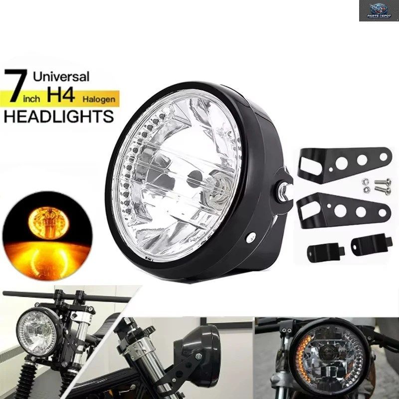 7インチ 35W H4 ハロゲン オートバイ用ヘッドライト 丸型バルブ 9線式LEDターンシグナルブラケット付きヘッドライト