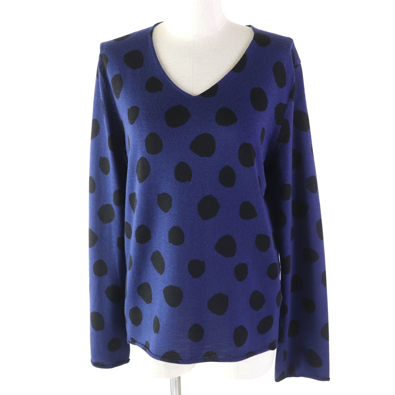 【ドンドン見直し】美品★COMME des GARCONS コムデギャルソン コムコム ウール100% ドットプリント Vネック 長袖 セーター ニット/ブルー ブラック M 日本製 正規品 レディース