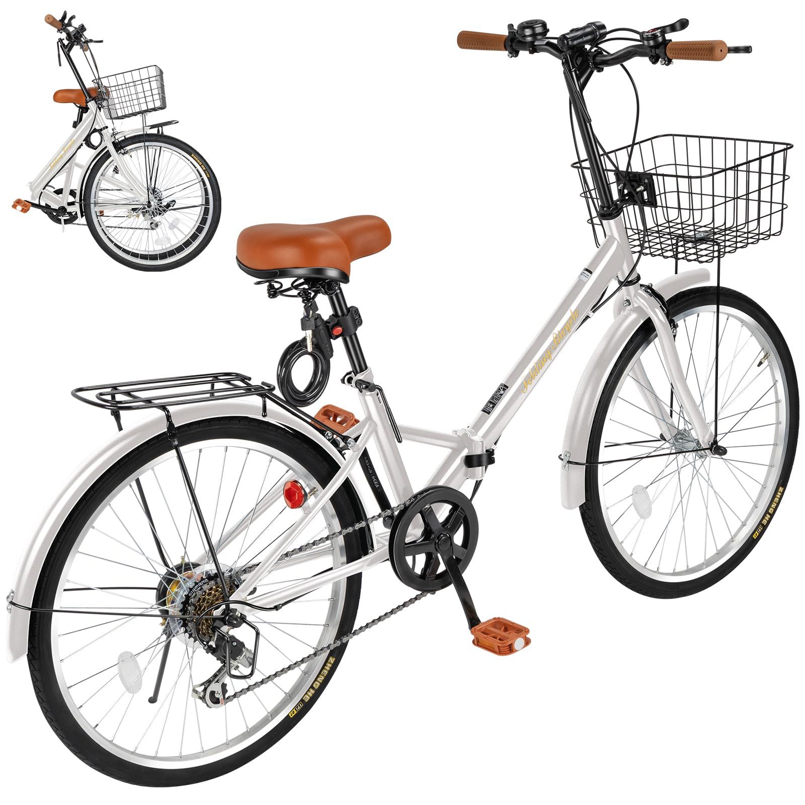 特価　Mixiu 折りたたみ自転車 シマノ7段変速 高炭素鋼フレーム 折り畳み自転車 20インチ/24インチ 厚めのサドル リアキャリア・カゴ・ライト・ワイヤーロック・空気入れ付き 軽量 自転車 通勤 通学 街乗り 男女兼用 (ピンク 24インチ)