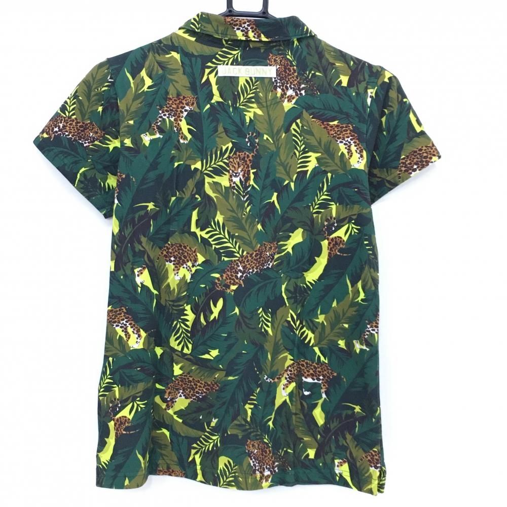 新品　ジャックバニー　総柄半袖ポロシャツ　レディース　S グリーン系 美品】ジャックバニー 半袖ポロシャツ グリーン×ライトグリーン リーフ