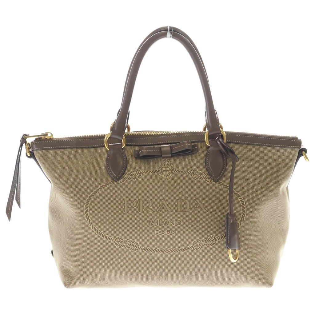 PRADA (プラダ) ロゴジャガード キャンバス レザー ハンド バッグ ベージュ 1BA579