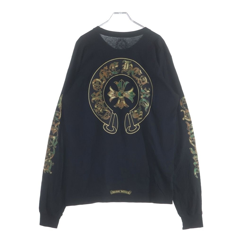 CHROME HEARTS (クロムハーツ) CAMO HORSESHOE L/S TEE バックホースシュー アームロゴ カモ柄プリント クルーネック 長袖Tシャツ カットソー ブラック