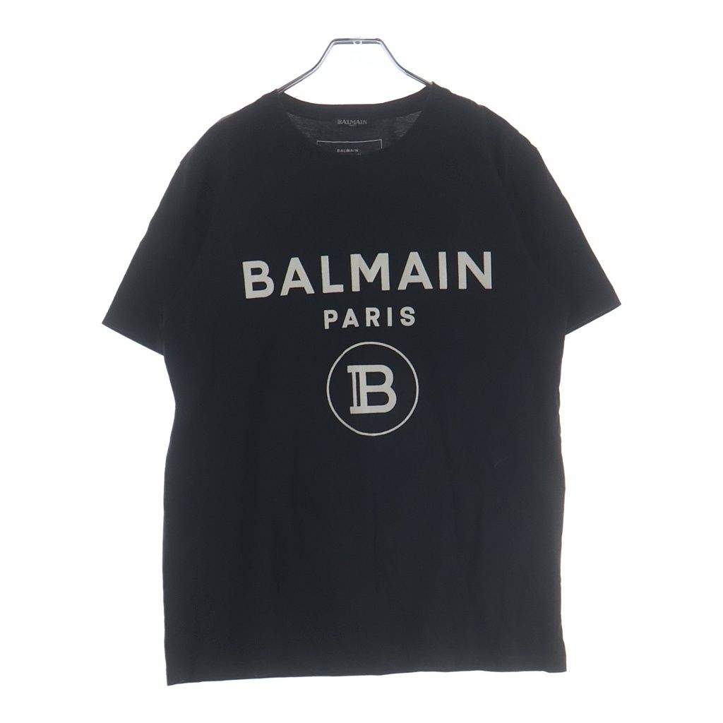 BALMAIN (バルマン) ロゴフロッキープリント コットン 半袖Tシャツ カットソー ブラック