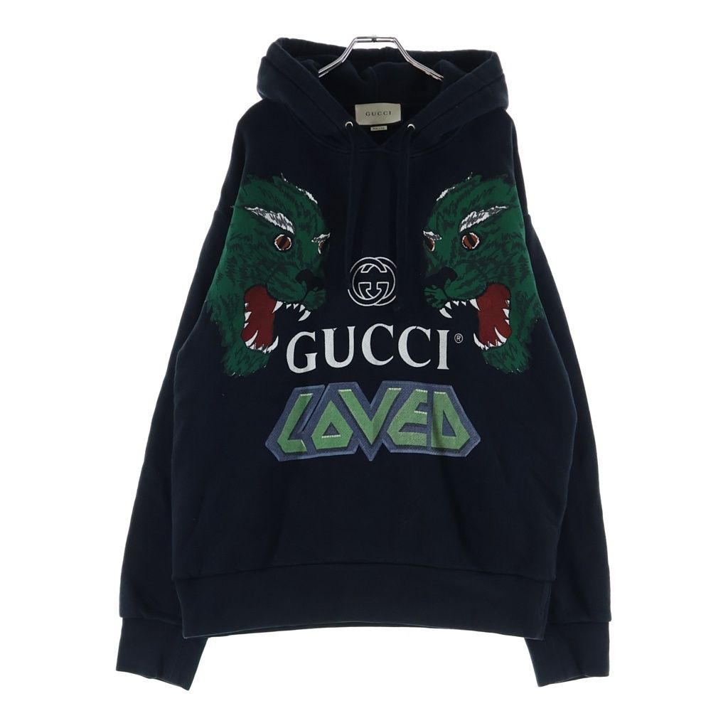 GUCCI (グッチ) LOVED Tiger-print cotton hooded sweatshirt タイガープリント プルオーバー パーカー ブラック 475374 XJAKO