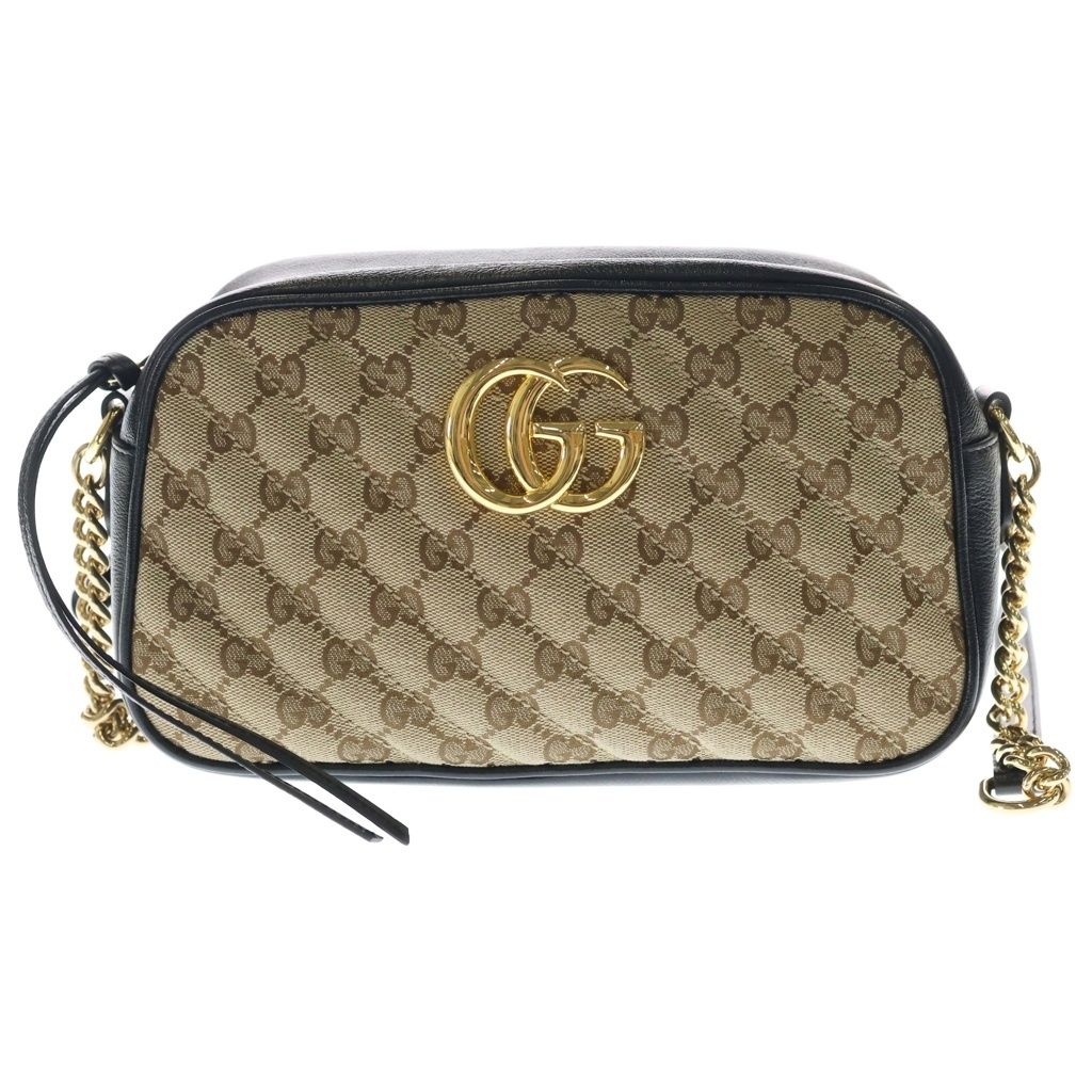 GUCCI (グッチ) GGマーモント ショルダーバッグ ミニバッグ ブラック×ベージュ キャンバス×レザー 447632 ゴールド金具