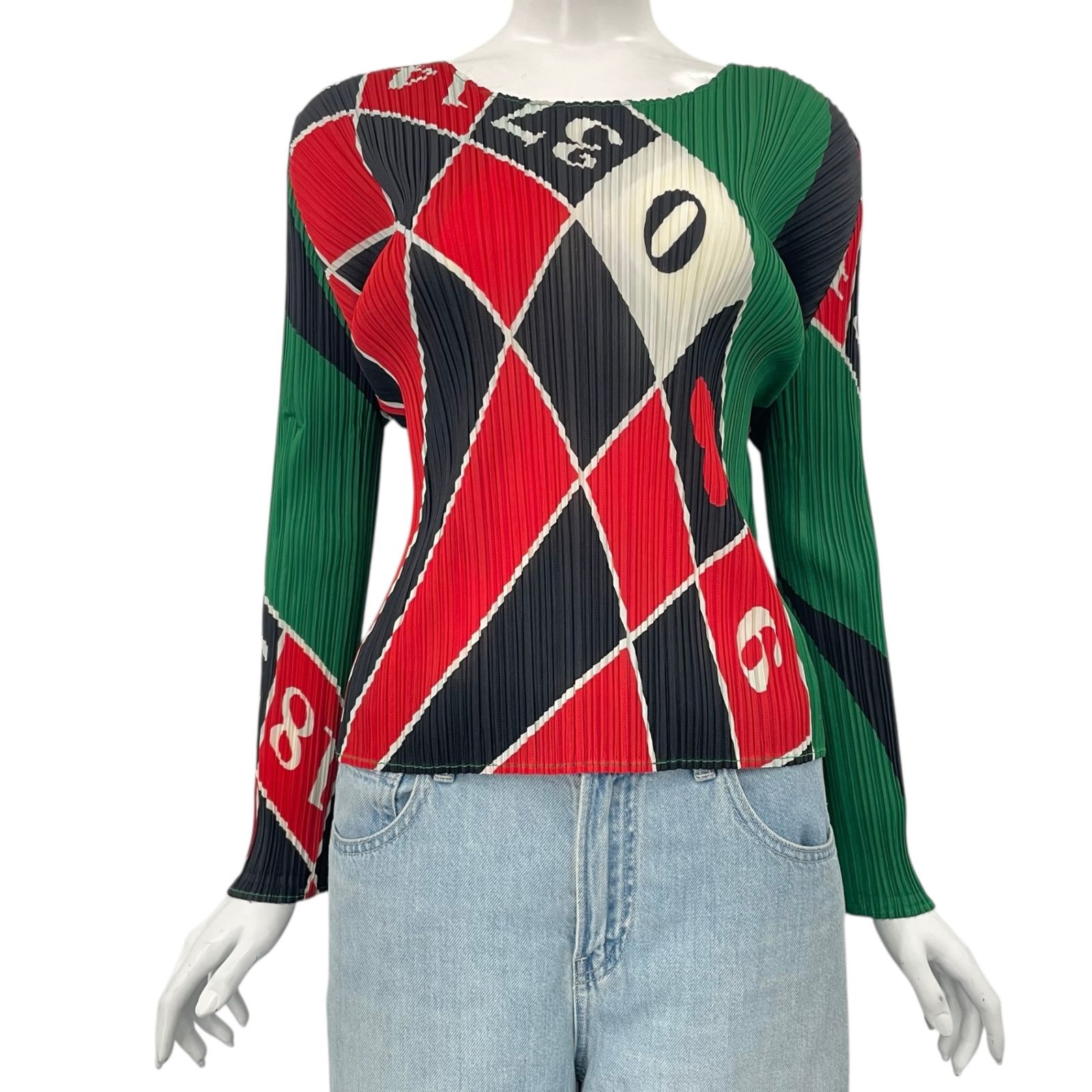 新品同様 ISSEY MIYAKE イッセイミヤケ PLEATS PLEASE プリーツプリーズ カットソー トップス カジノ柄 ルーレ グリーン ブラック サイズ3