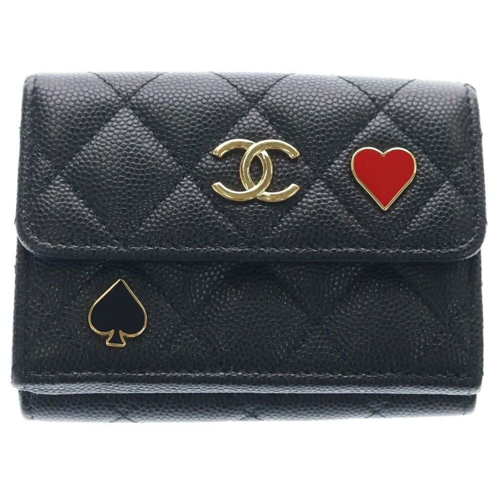 CHANEL (シャネル) マトラッセ ハート スペード コンパクトウォレット 三つ折り財布 コインケース ブラック キャビアスキン AP3081 ゴールド金具