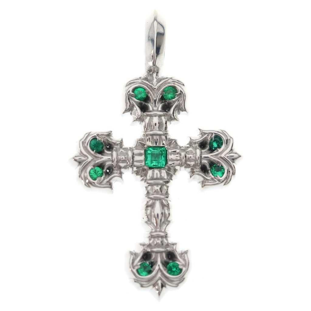 CHROME HEARTS (クロムハーツ) 18K CHARM FILIGREE TINY P EMRLD タイニーフィリグリー PAVEエメラルド ホワイトゴールドネックレストップ