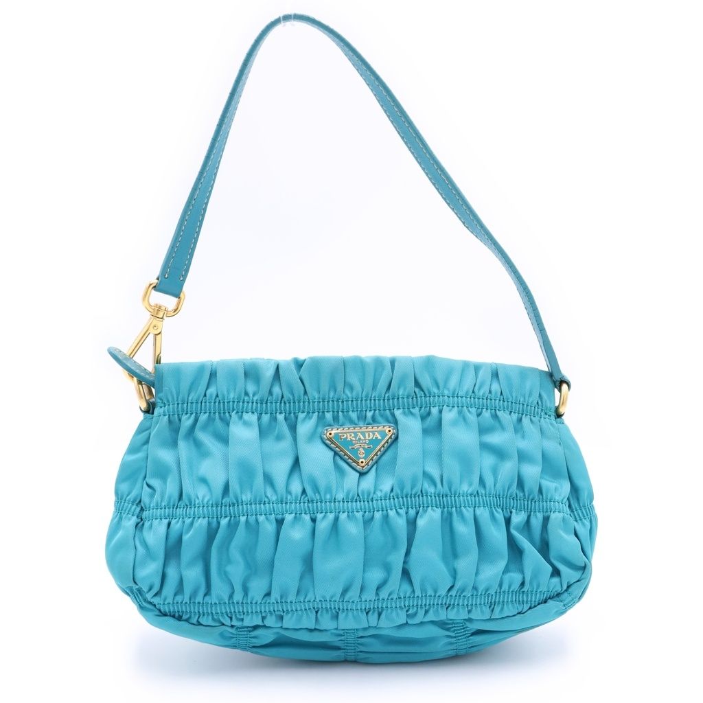 PRADA (プラダ) ギャザーポシェット ハンドバッグ ミニバッグ ターコイズブルー テスート ナイロン BP0171 ゴールド金具