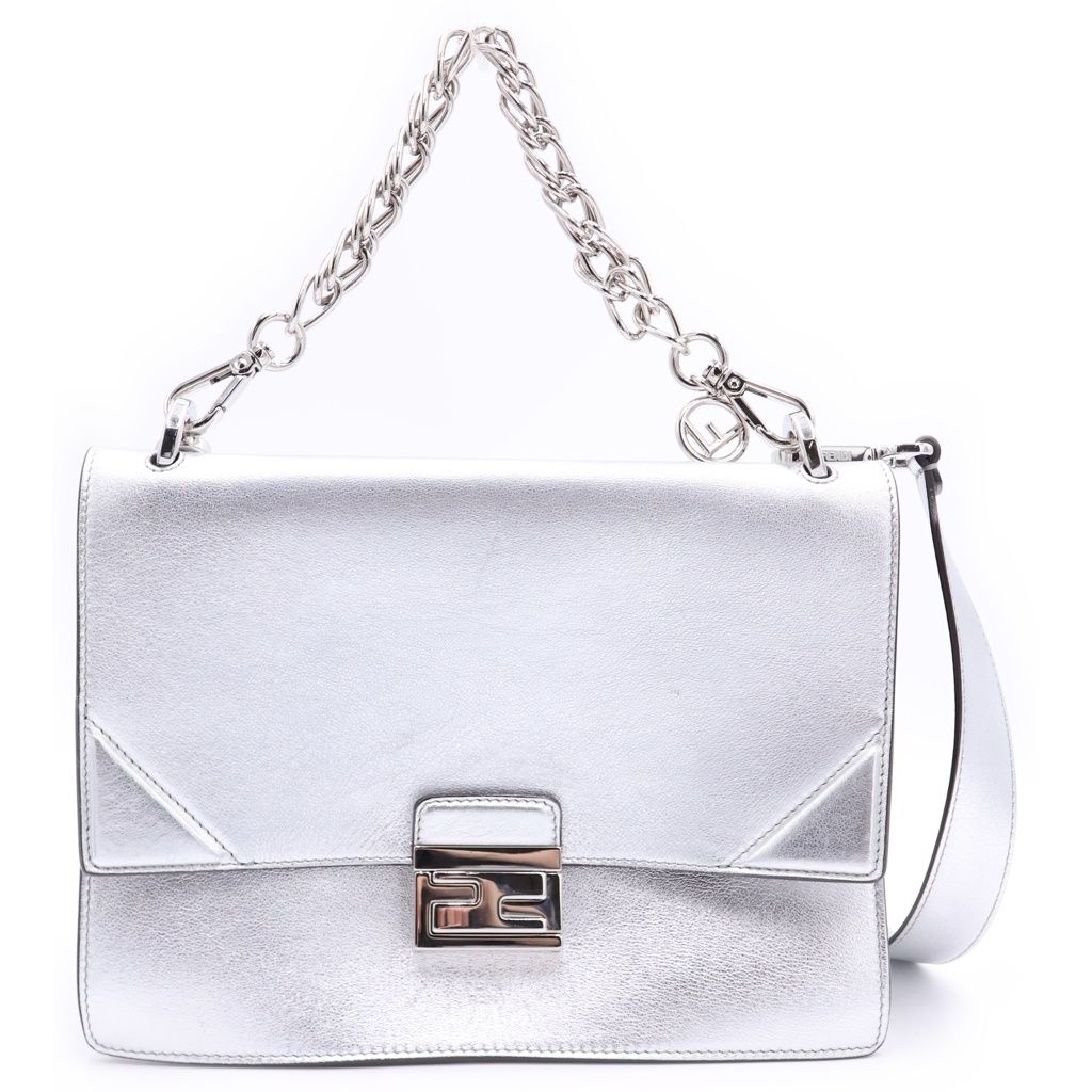 FENDI (フェンディ) キャンユー レザー 2WAY チェーン ハンドバッグ ショルダーバッグ シルバー