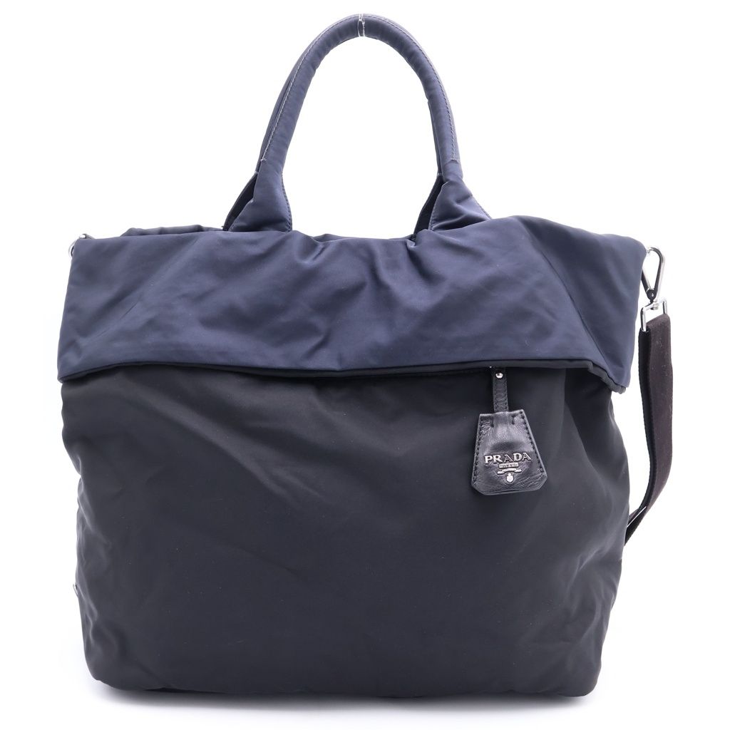 PRADA (プラダ) トライアングルロゴプレート テスート ナイロン リバーシブル 2WAY ハンド ショルダー バッグ ブラック/ネイビー BN1959