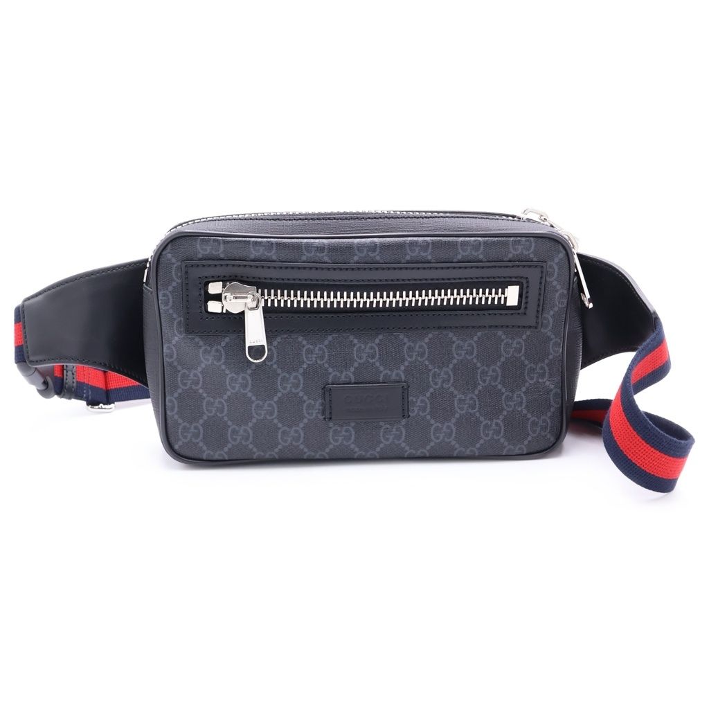 GUCCI (グッチ) GGスプリーム ウエストポーチ ブラック PVC×レザー 474293