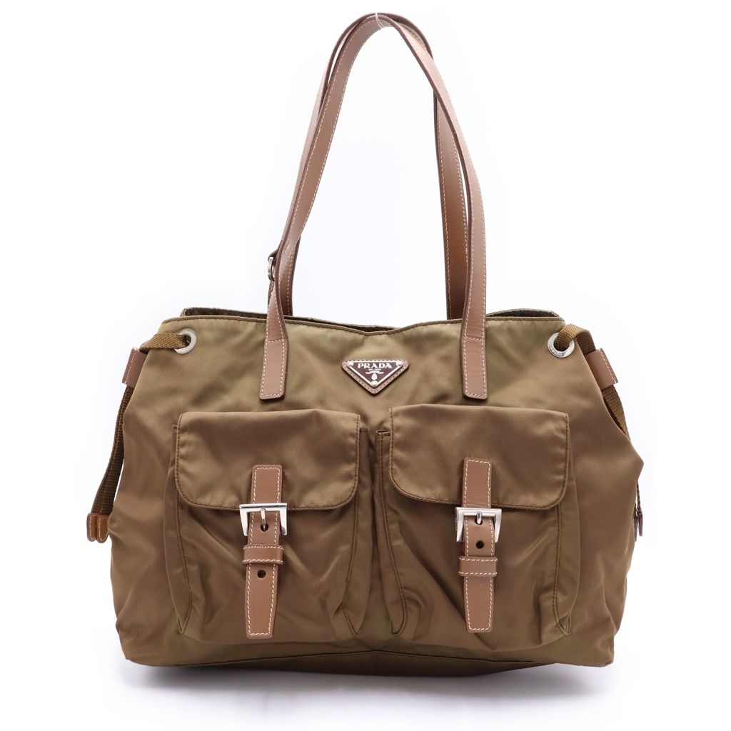 PRADA (プラダ) ハンドバッグ トートバッグ カーキ ブラウン レザー×ナイロン シルバー金具